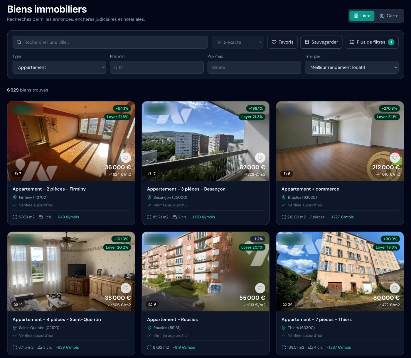 Écran d'ImmoSonar : appartements triés par rendement locatif estimé, avec prix, prix au m² et loyer estimé